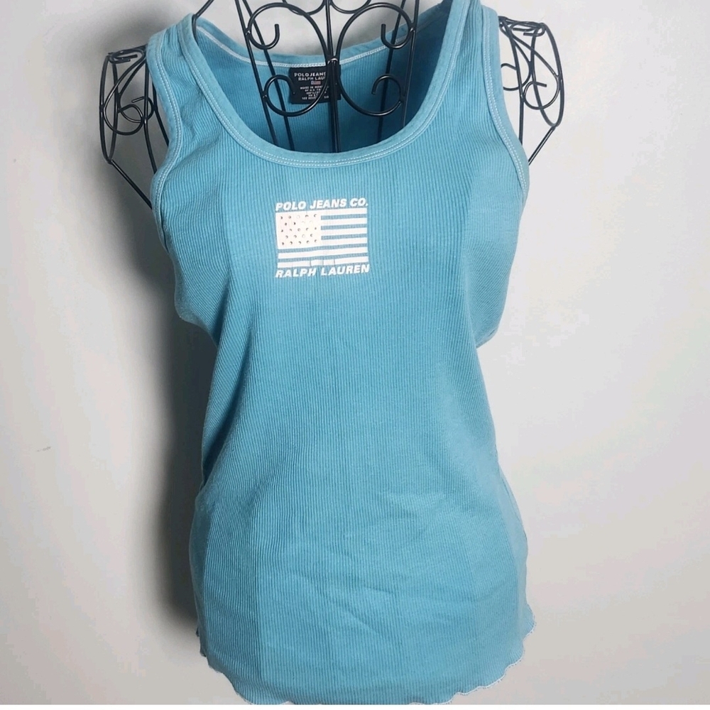 Polo Jeans Co Ralph Lauren Turquoise Ribbed Tank Top XL Flag Graphic Y2K